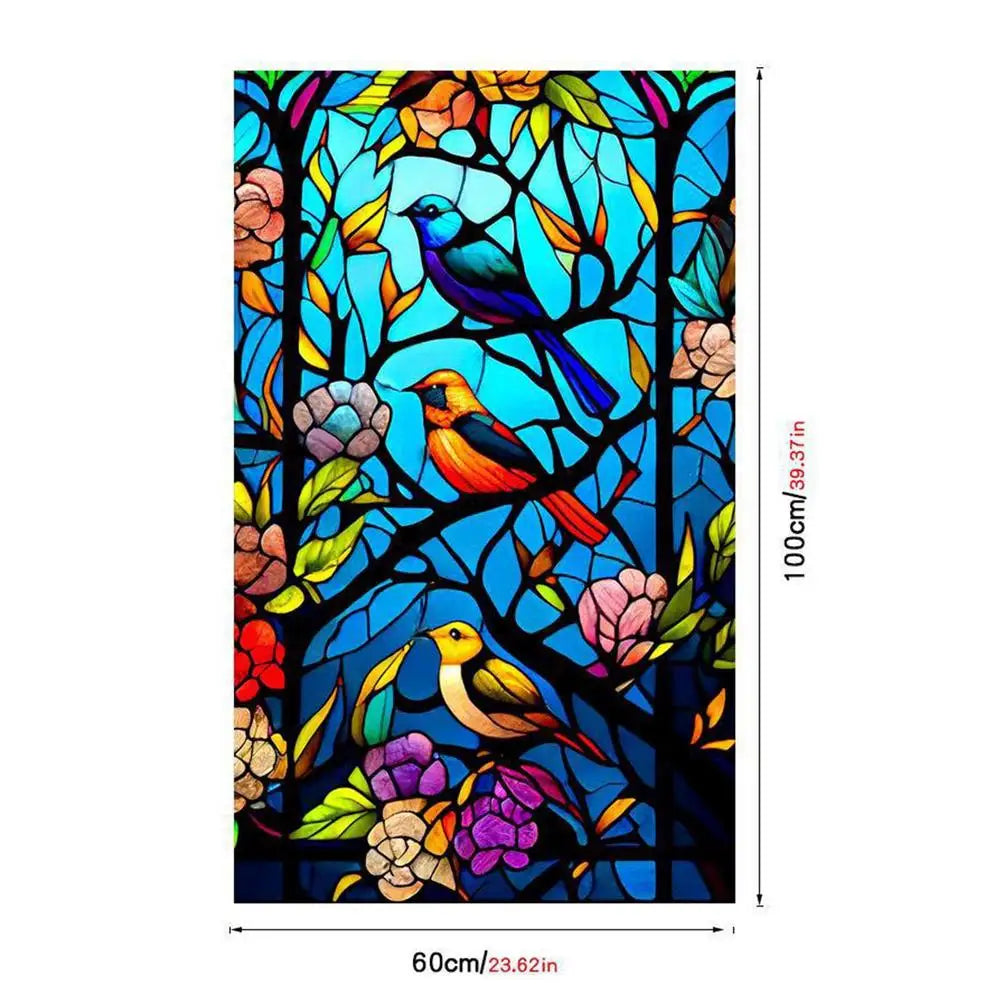 décoration fenêtre art deco oiseaux fleurs géométrique adhésif bleu vert jaune orange rose violet
