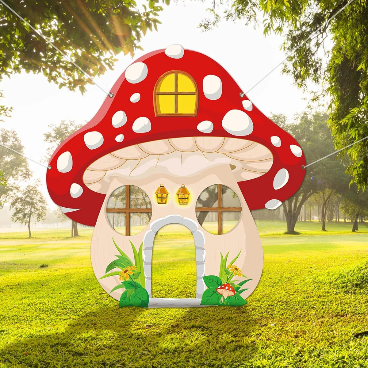 maisonnette enfantine rouge champignons taches blanches fenêtres porte détails floraux fantaisie anniversaire fête baptême