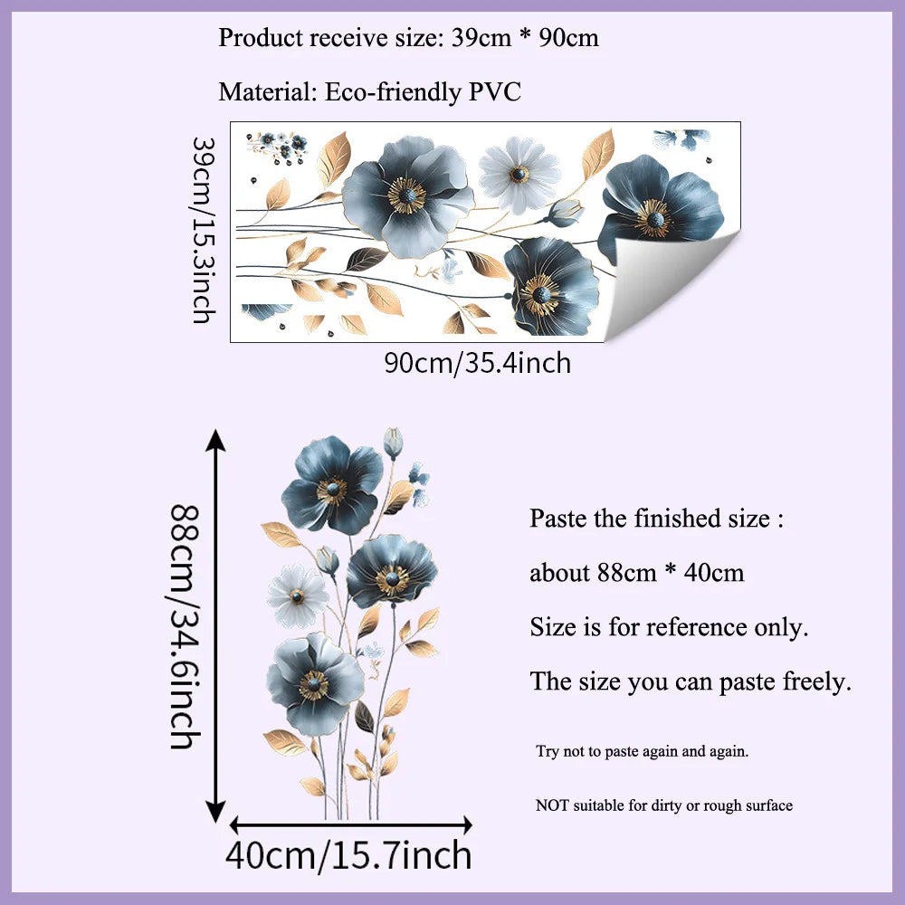 sticker mural fleurs bleues feuilles dorées moderne décoration intérieure chambre salon auto adhésif pvc