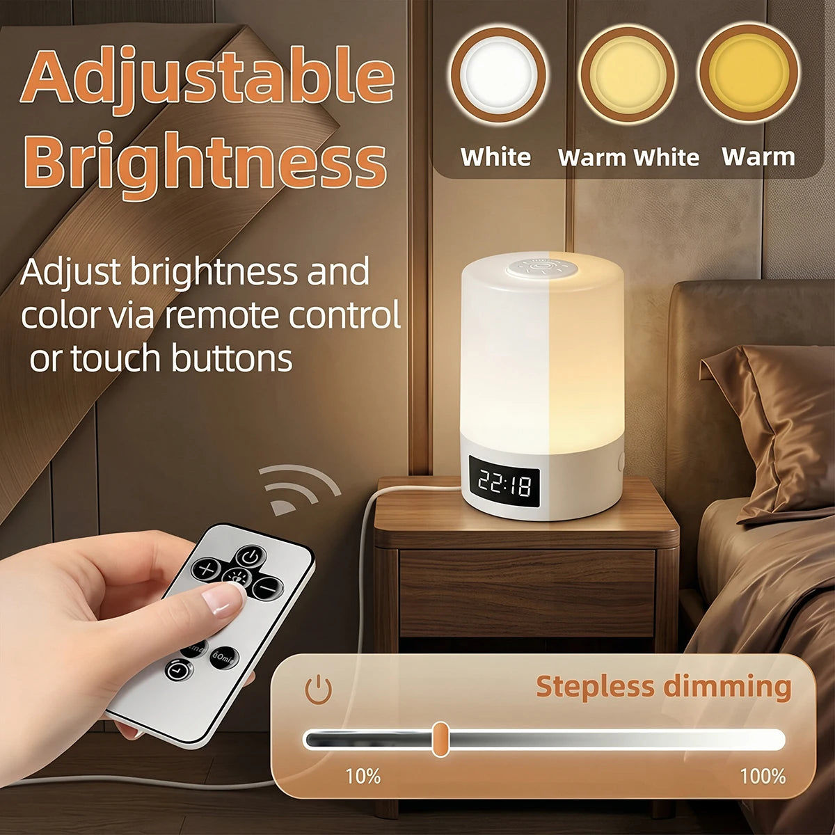 lampe chevet tactile rechargeable affichage heure beige blanc moderne