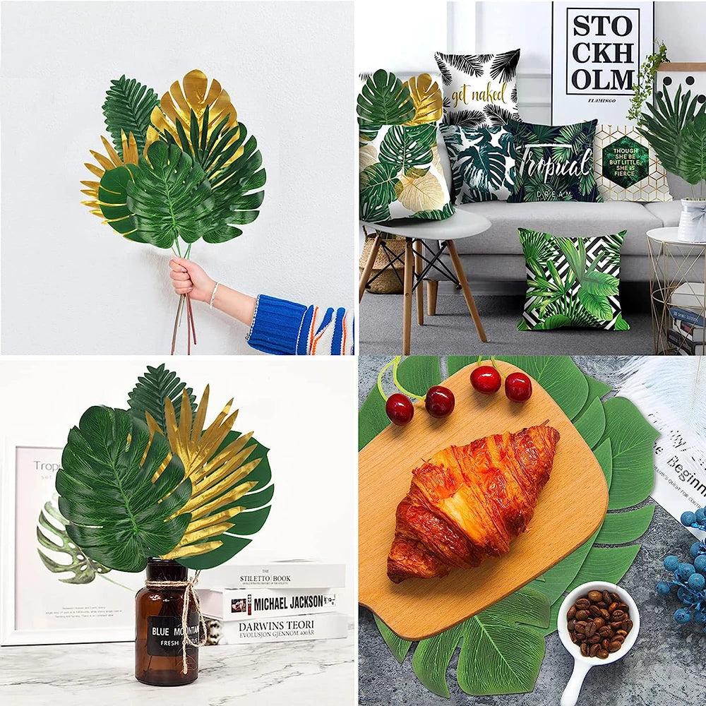 feuilles artificielles vert doré feuilles tropicales moderne extérieur décoration anniversaire mariage baby shower piquet
