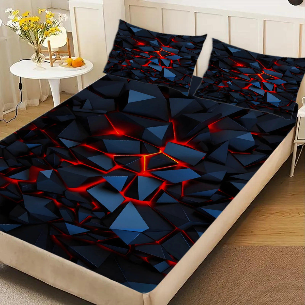draps lit géométriques noir rouge moderne triangles effets lave coton polyester triangles