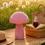 lampe led forme champignon rayées moderne rose jaune base plate interrupteur câble alimentation