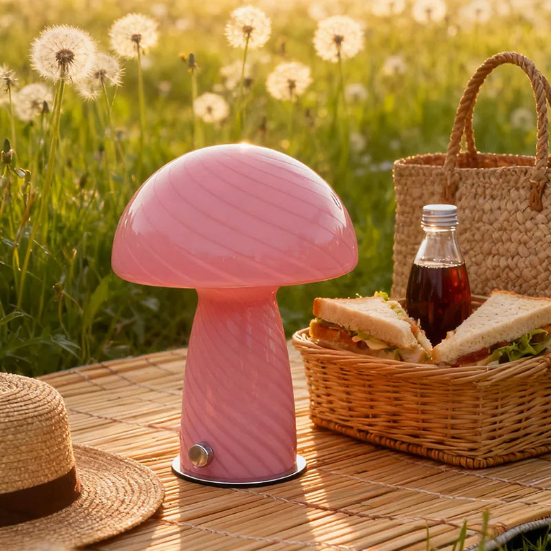 lampe led forme champignon rayées moderne rose jaune base plate interrupteur câble alimentation