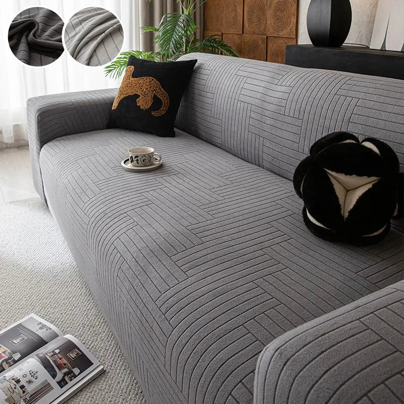 housse canapé polyestère rayures horizontales gris clair moderne tout compris élastique saisonnée