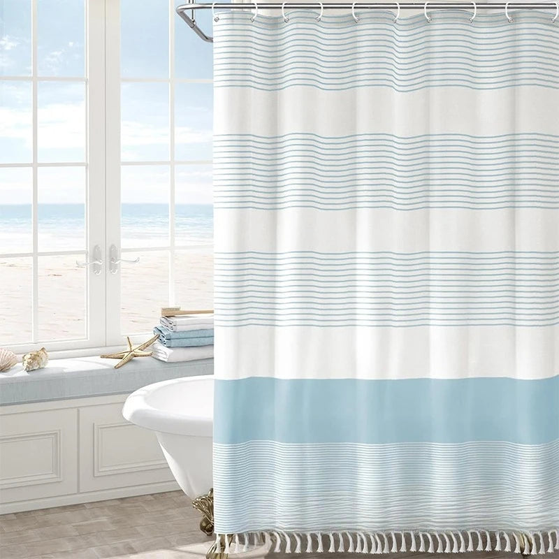 rideau douche polyester bleu clair rayures horizontales plissé moderne opale