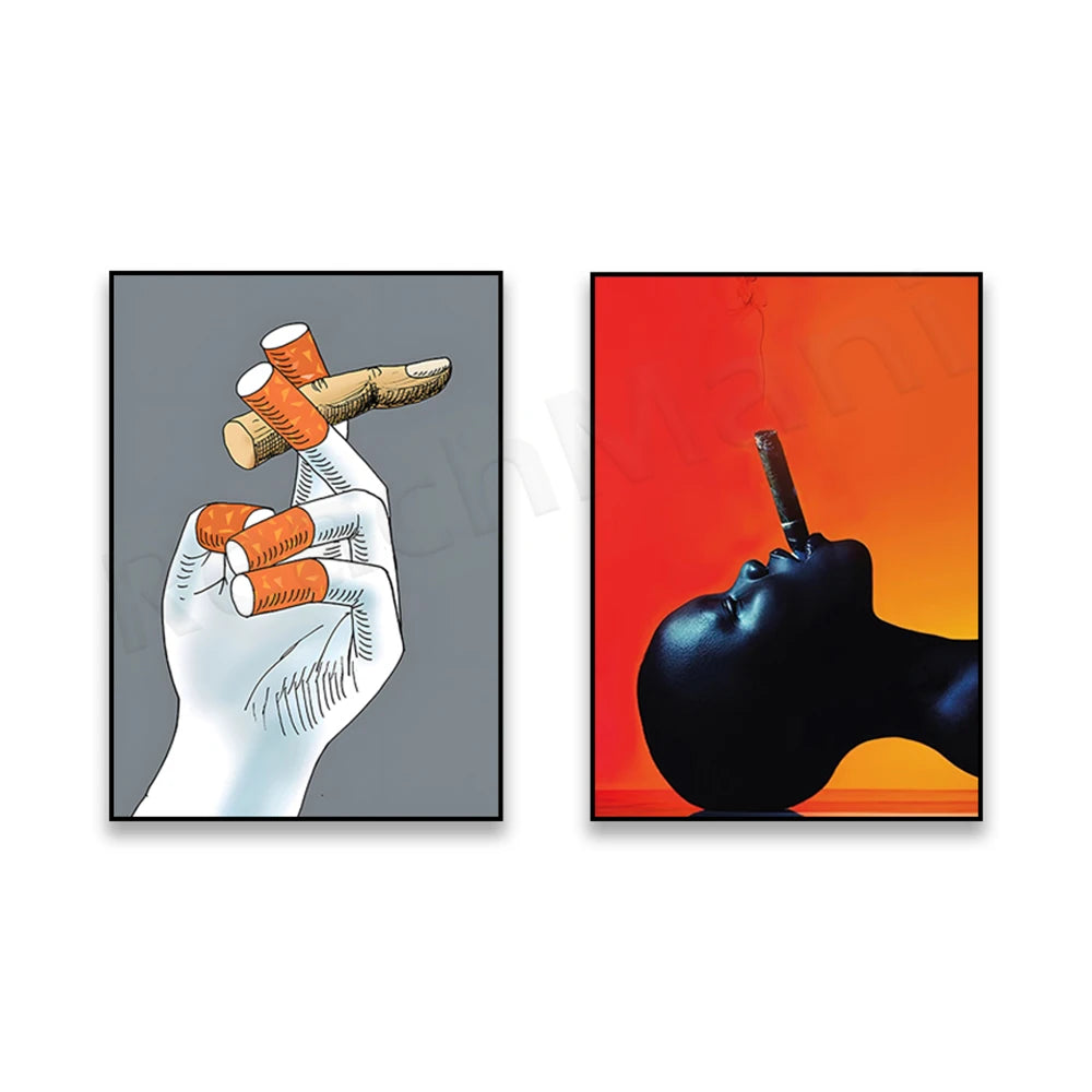 Des affiches artistiques montrant une main avec des bâtons de dynamite et une silhouette de personne avec une mèche allumée sur fond orange.