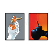 deux tableaux contemporains femmes fumant cigarettes orange noir gris blanc
