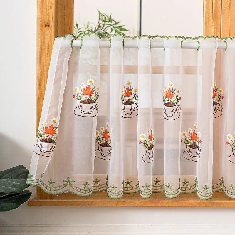 rideau floral transparent polyester motifs géométriques blanc orange vert rouge
