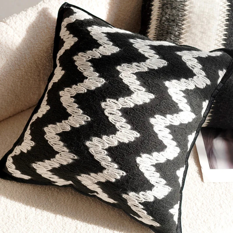 coussins oreillers moderne rayés blanc noir décor maison sergé fixations