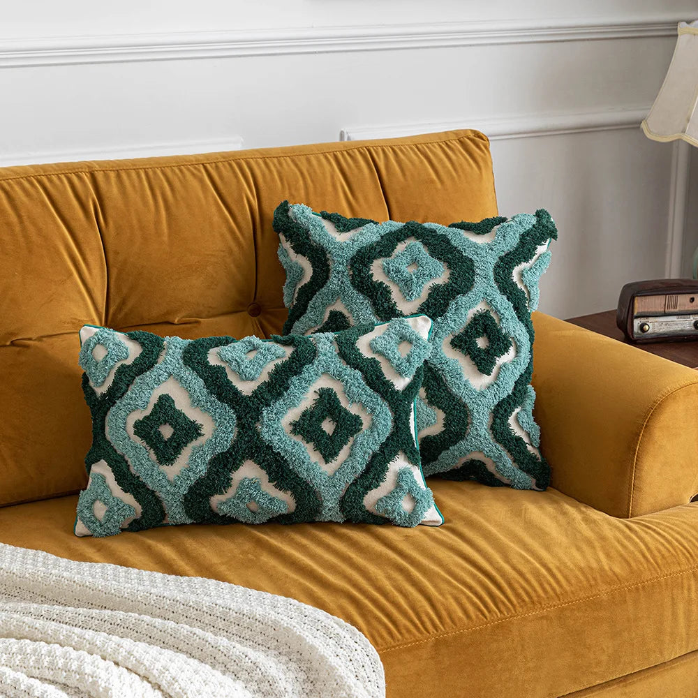 coussin housse amovible lavable motif géométrique brodé moderne opacité zip visible coton polyester verte