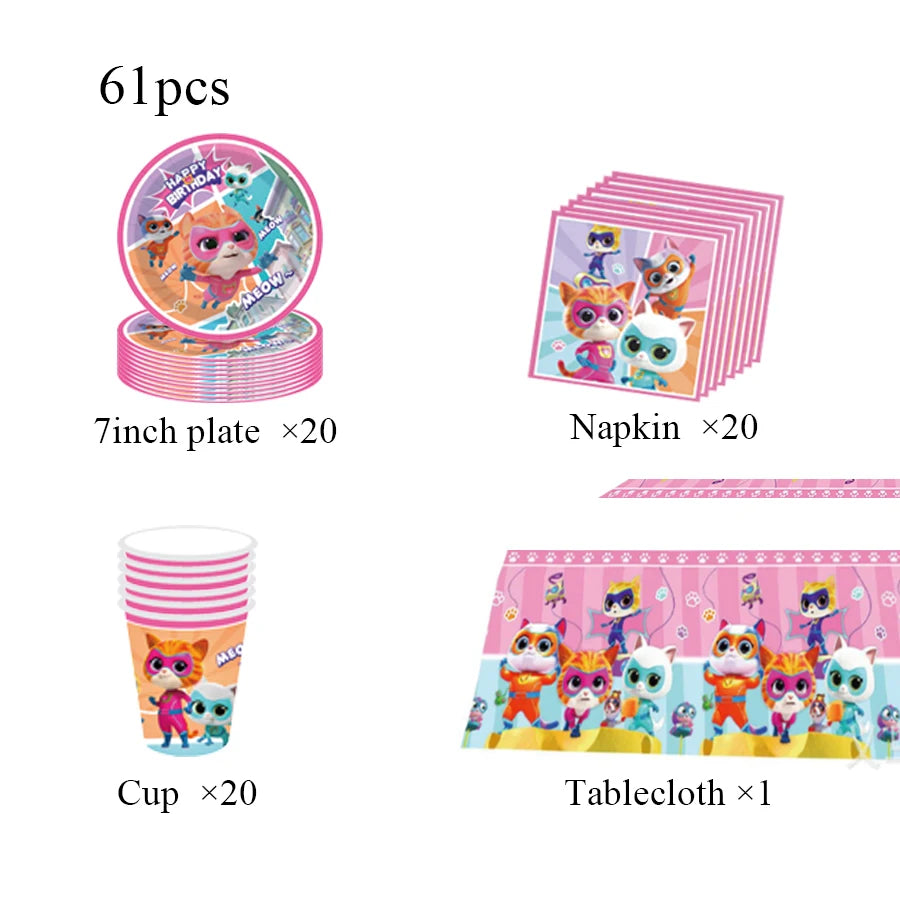 accessoires fête dessins animés chats mignons assiettes serviettes gobelets bannière décoration gâteau ruban table