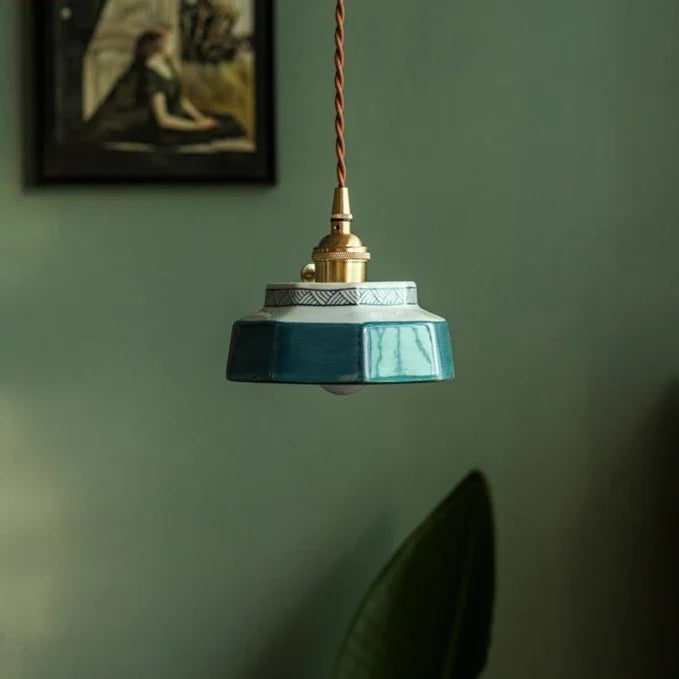 lampe suspendue vintage céramique motif géométrique orange vert blanc