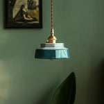 lampe suspendue vintage céramique motif géométrique orange vert blanc