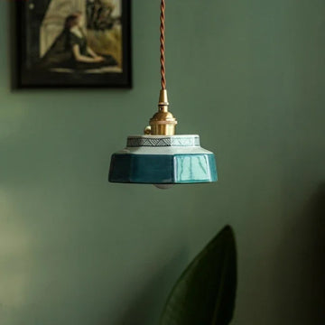 lampe suspendue vintage céramique motif géométrique orange vert blanc