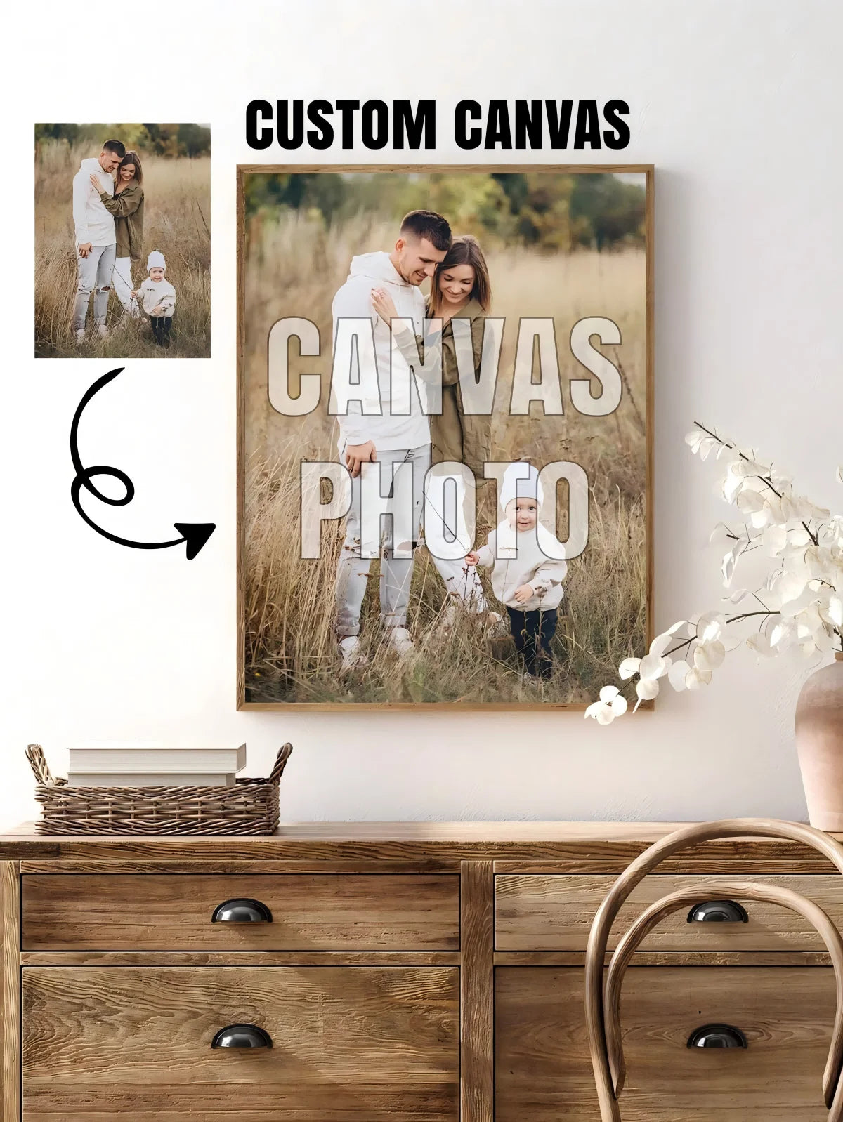 tableau photo famille champ herbes haute cadre bois clair décoration intérieure impression toile
