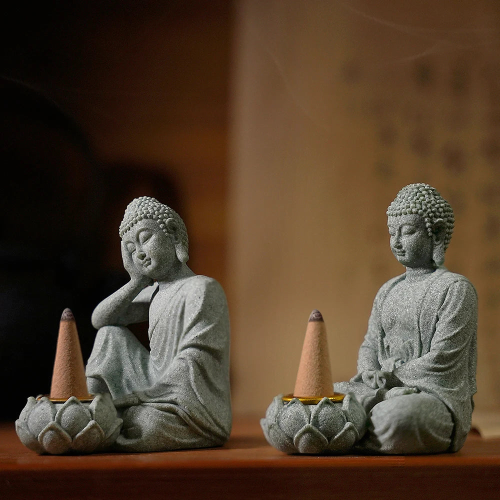 statue bouddha gris resine granit classique décoration intérieure thé zen incense conique base lotus