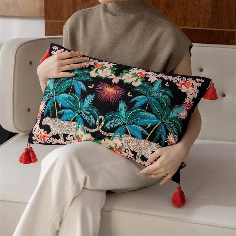 taie d'oreiller imprimée léopard tropical velours carré moderne deux côtés opaques tassel rouge océanique