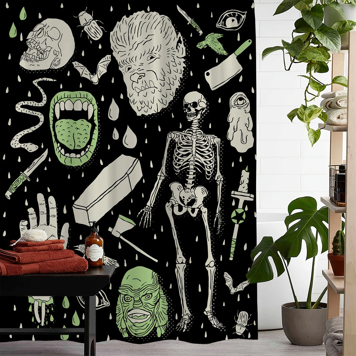 rideau douche halloween crânes squelettes motifs gothiques rose noir