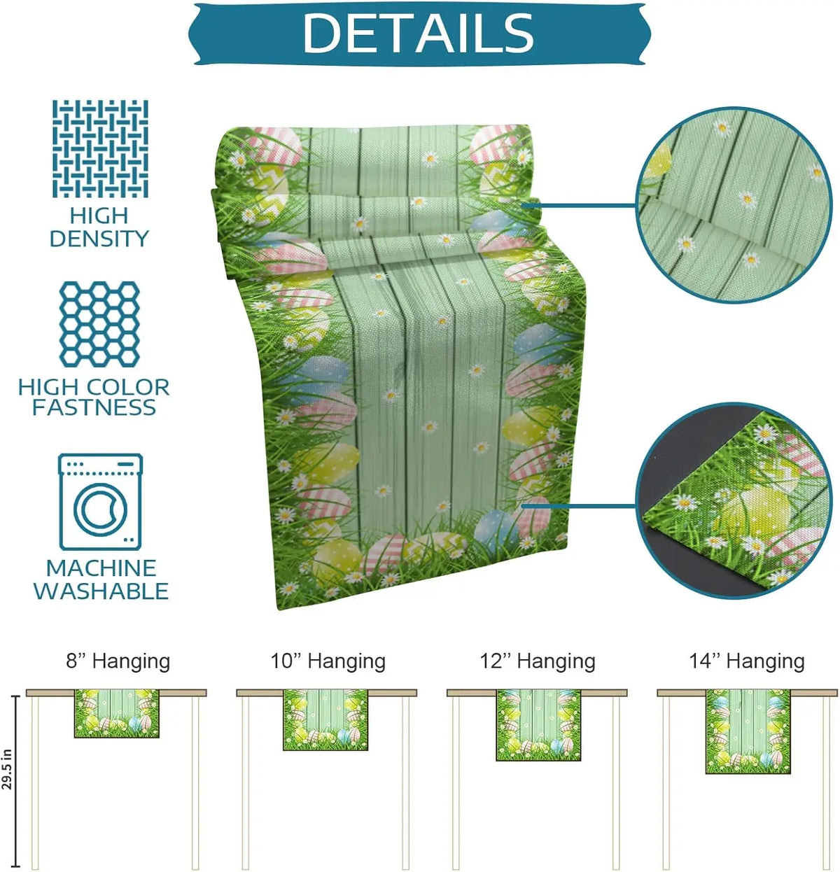 Un rideau de douche décoré d'un motif de fleurs de printemps sur un fond vert, avec des informations détaillées sur les différentes tailles disponibles.