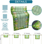 Un rideau de douche décoré d'un motif de fleurs de printemps sur un fond vert, avec des informations détaillées sur les différentes tailles disponibles.