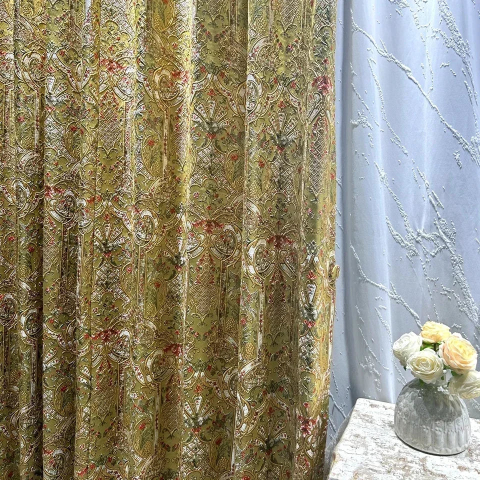 rideau opaques polyester floral classique vert olive doré rouge blanc français