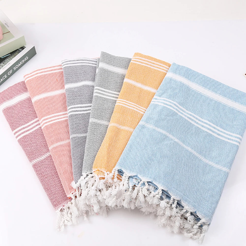 serviette bain coton rose rayures moderne grande taille franges séchage rapide bleu clair