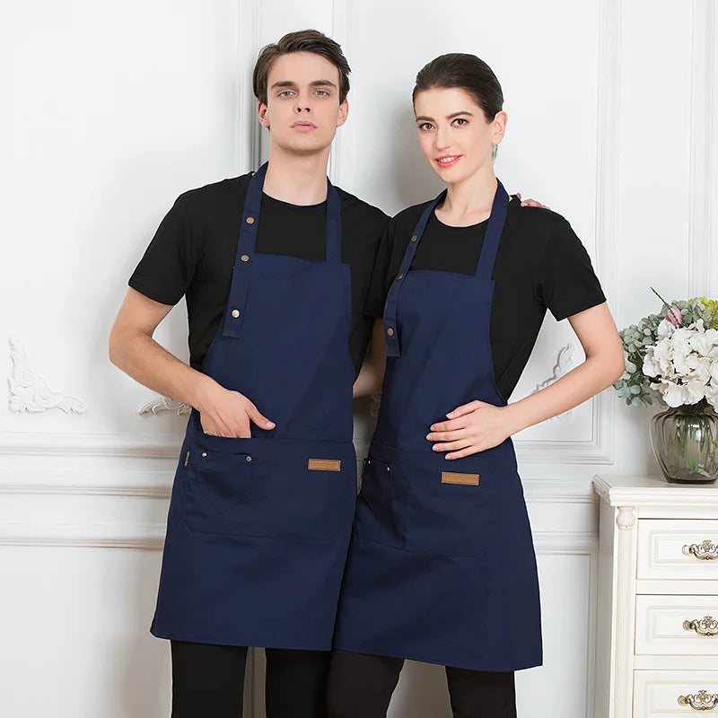 tablier cuisine imperméable noir beige uni classique poche boutons dorés ceinture ajustable femmes hommes