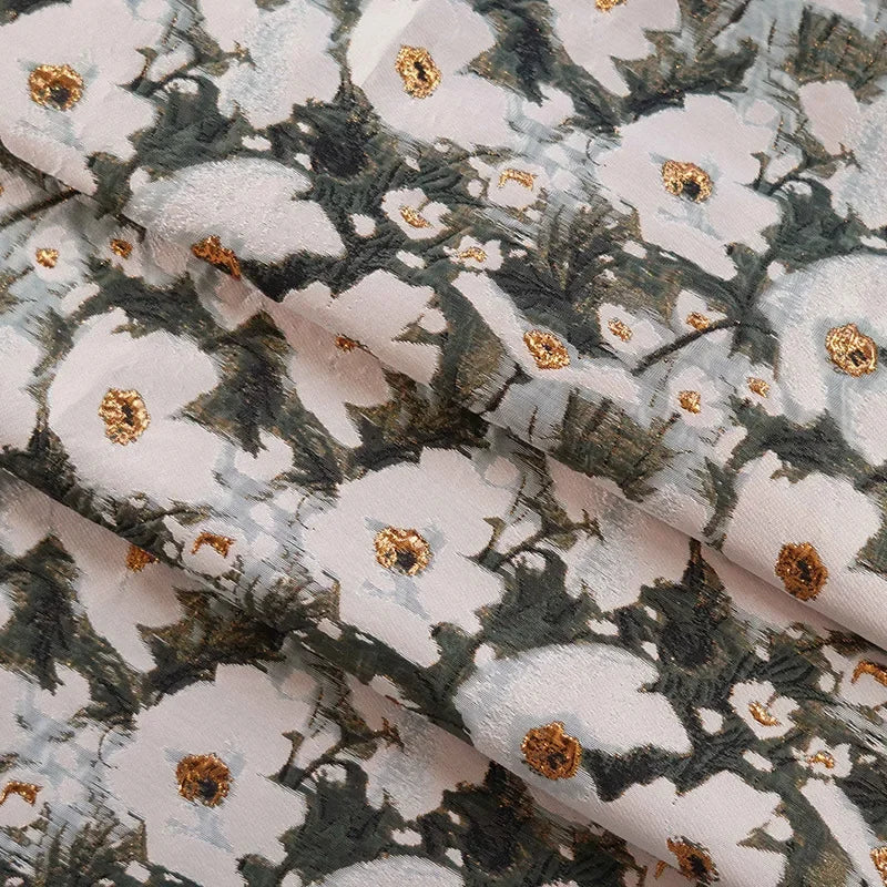 tissu polyester blanc gris doré fleurs jacquard opaque printemps automne décoration couture respectueux environnement