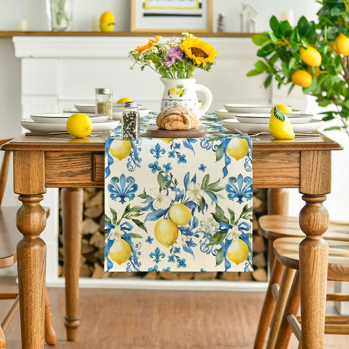 table table lin motif floral citrons fleurs été blanc jaune bleu rustic decoratif farmhouse
