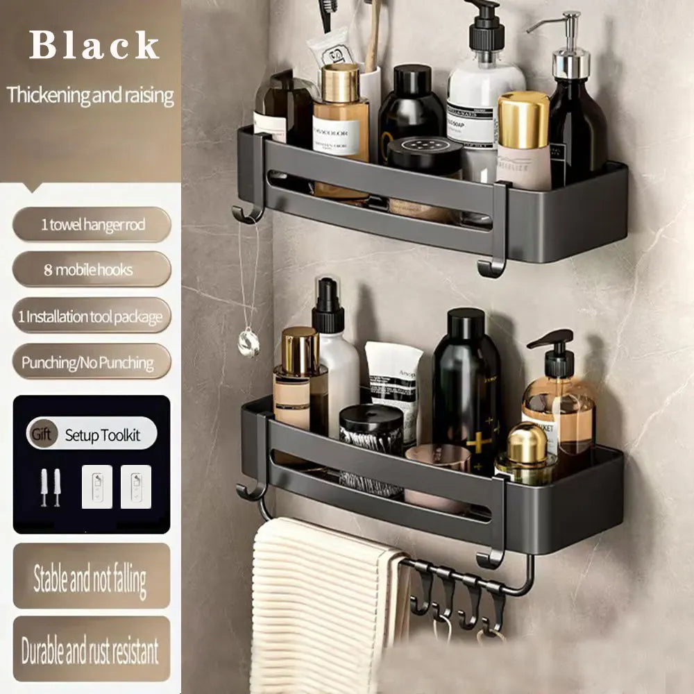étagère murale triangulaire salle bain gris métal crochets rangement douche moderne autocollante
