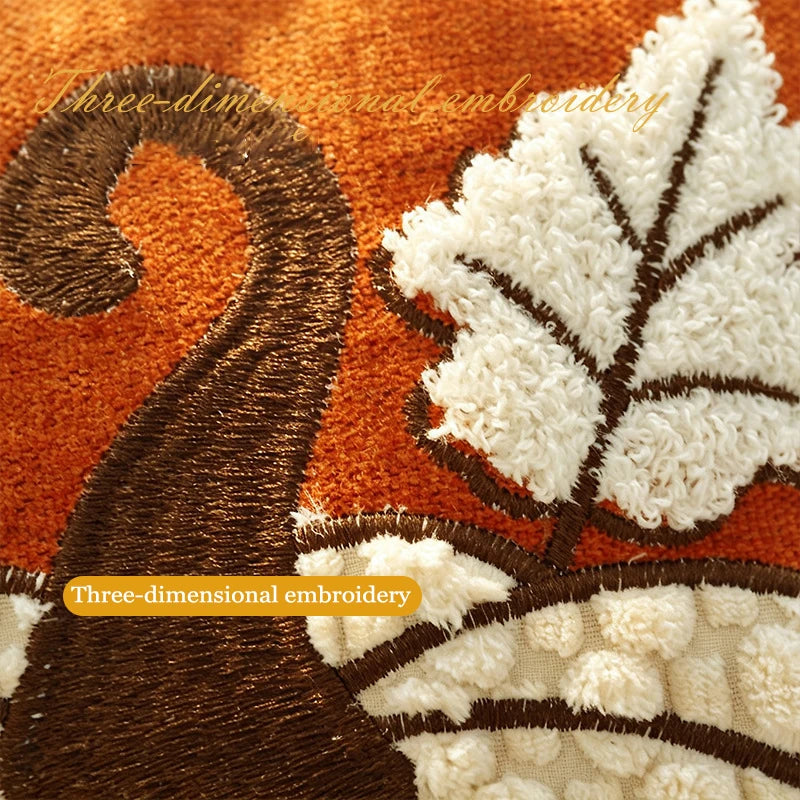 coussin orange beige citrouilles feuilles broderie 3d automnal zippé invisible décoratif atelier maison