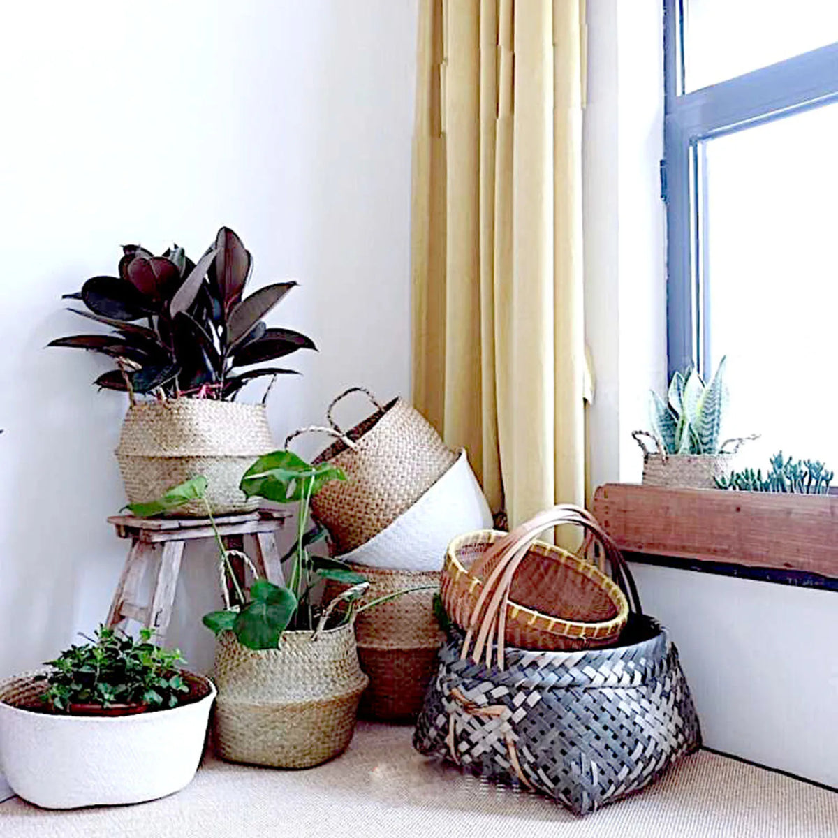 panier pliable tissage paille naturel rustique poignées porte plantes decoration maison