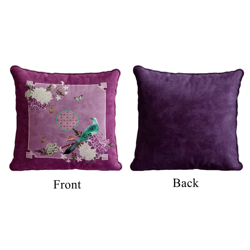 coussin carré velours fleur peony oiseau classique vert rose violet blanc