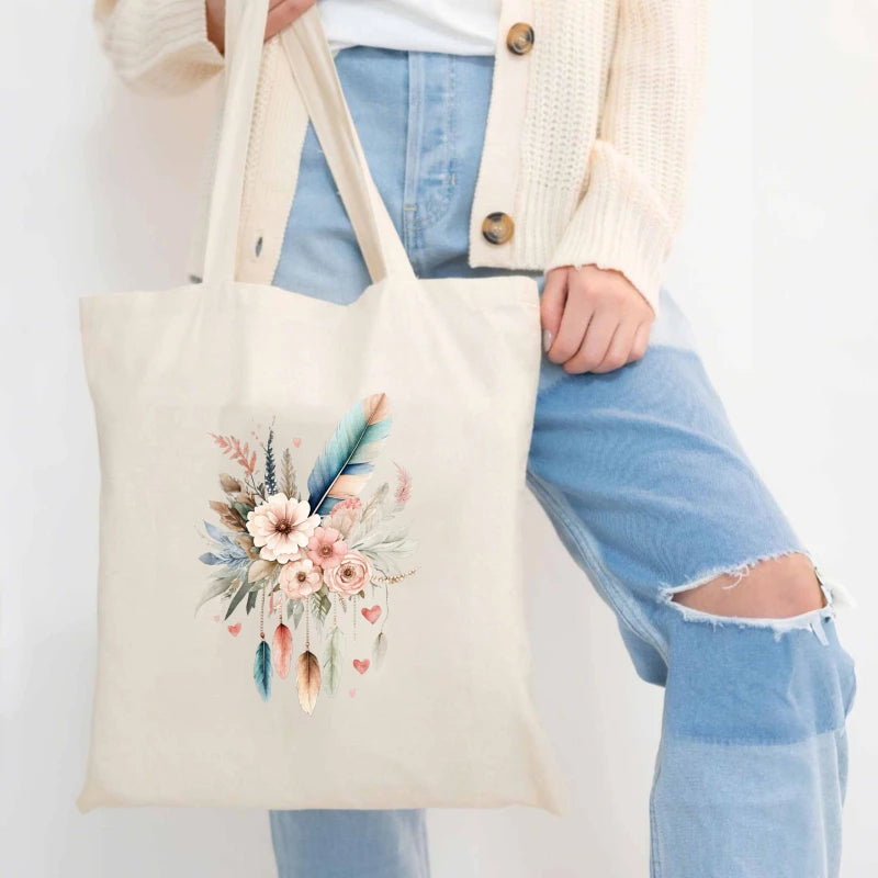 sac main toile imprimé floral plumes coeurs boho chic poignées réutilisable environnement beige clair
