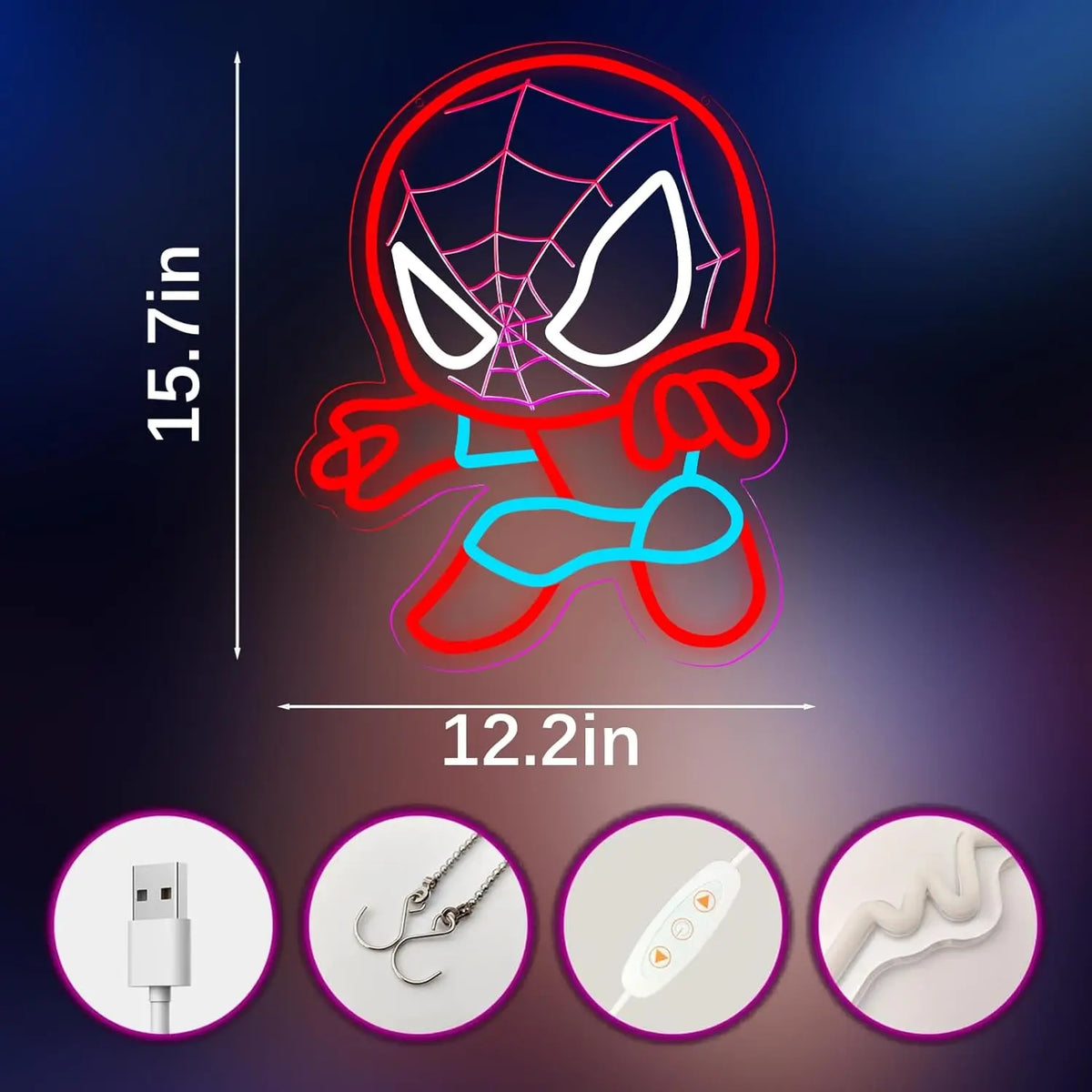 lampe néon spiderman rouge bleu blanc contour lumineux toile araignée interrupteur usb chambre enfant