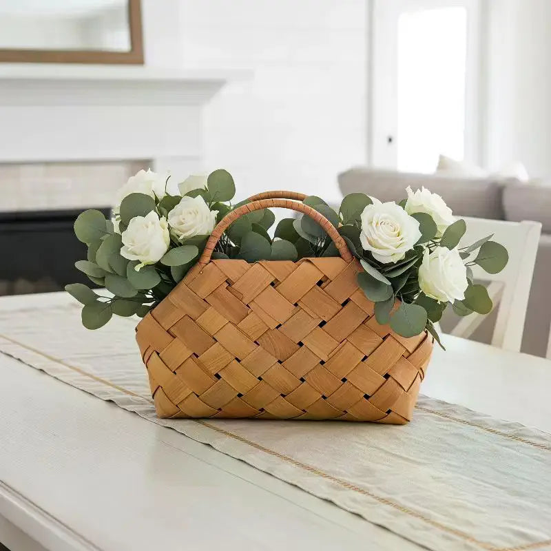 panier bois tressé naturel brun clair artisanal rustique poignées bois serviette coton deco événements