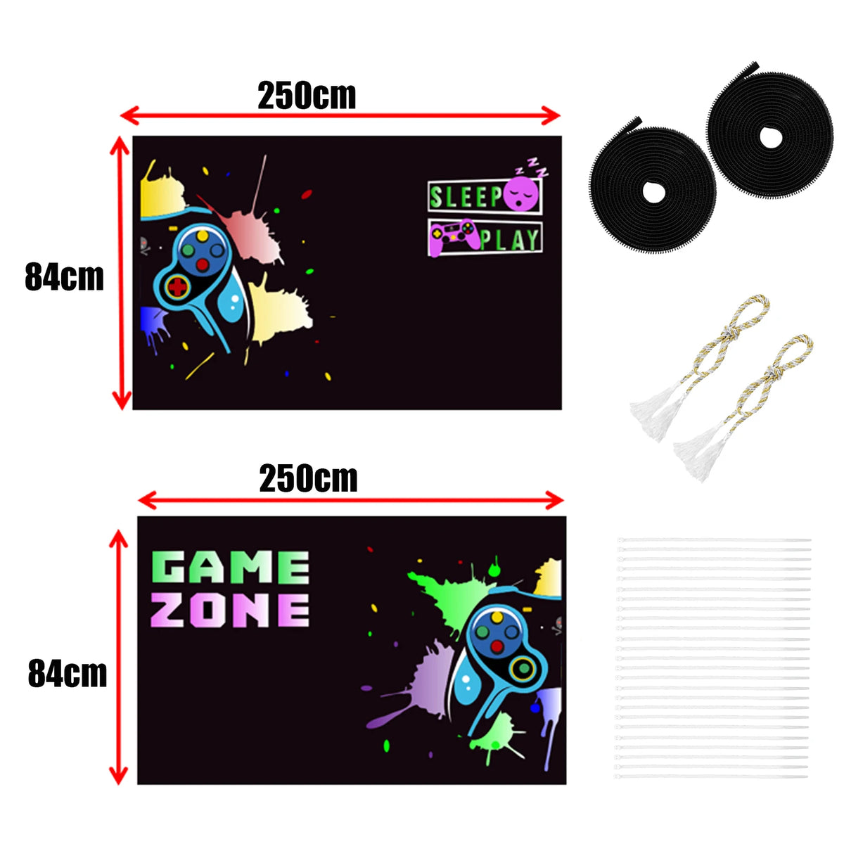 rideau moderne manette jeu noir bleu vert jaune rose violet pliés 200x115cm