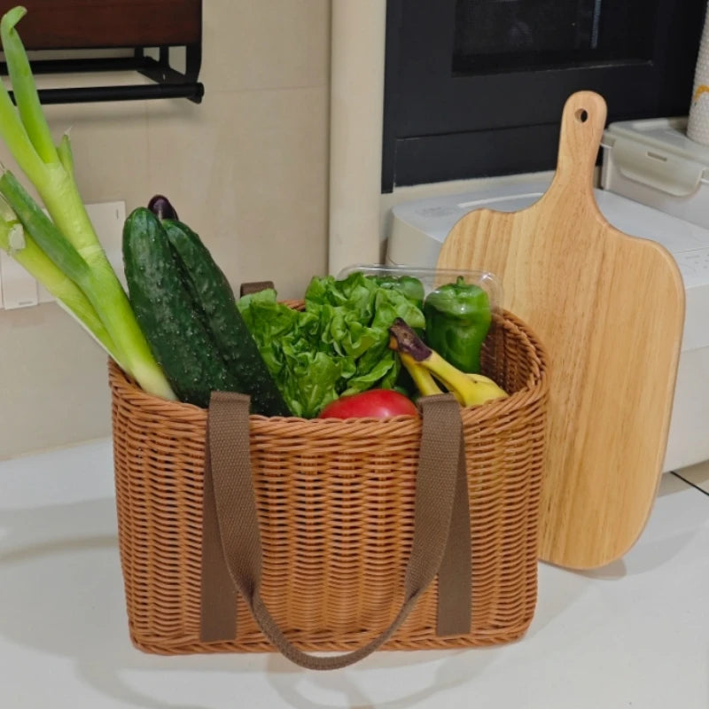 panier osier tressé marron clair poignées cuir traditionnel réutilisable rangement transport durable naturel simple