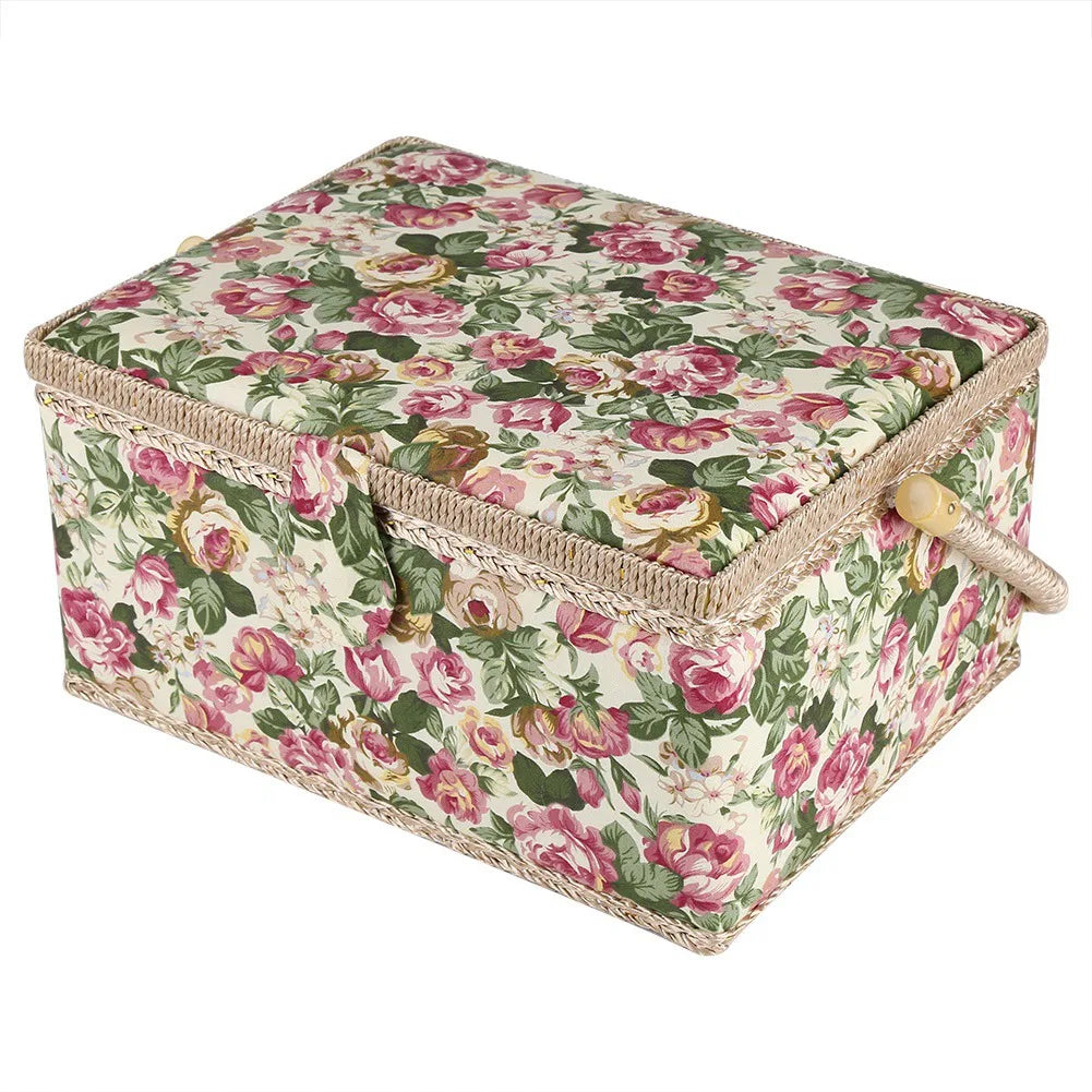 boîte couture vintage fleurs roses vertes miroir poignée osier compartiments outils couture beige