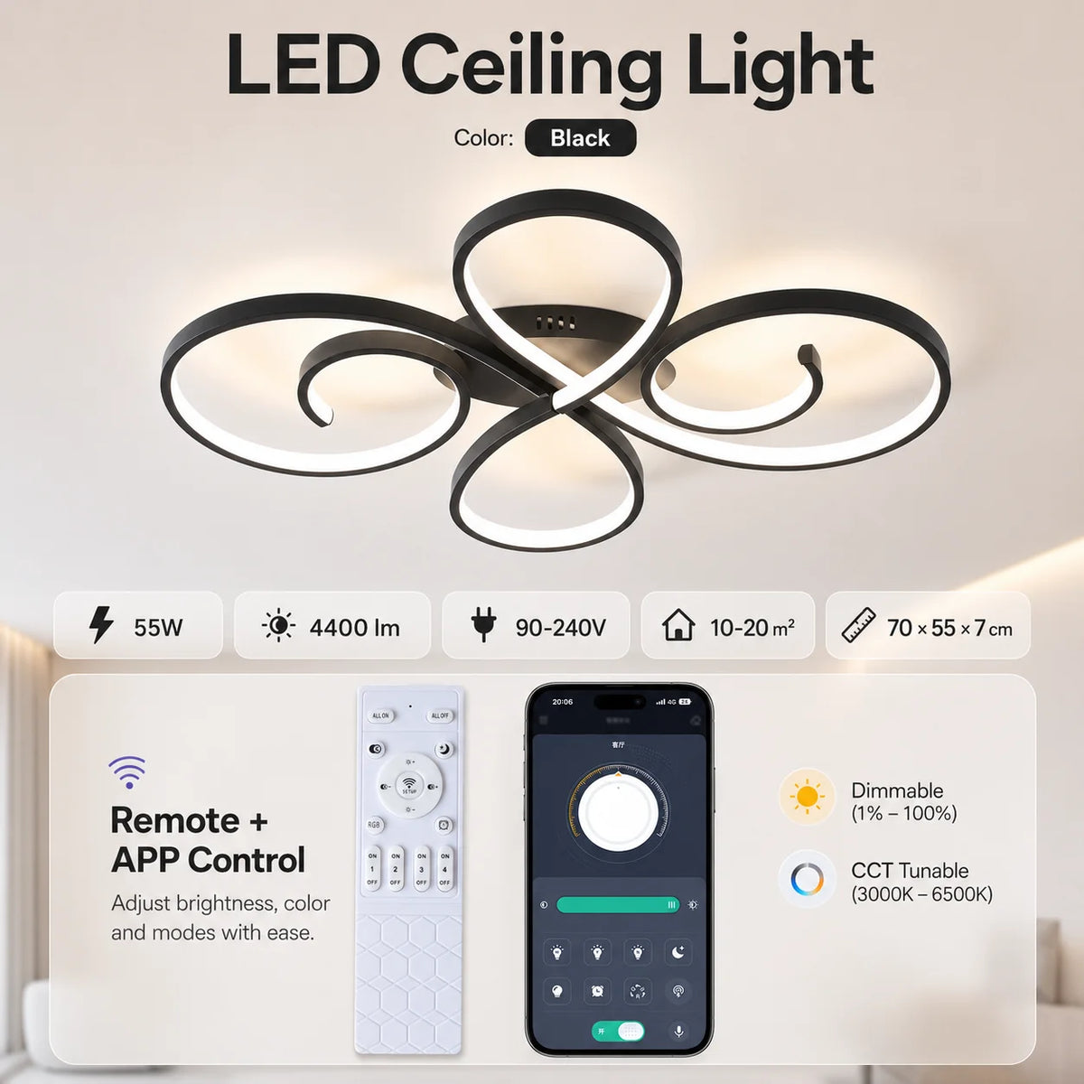 plafonnier led moderne blanc noir or spirales télécommande app variable