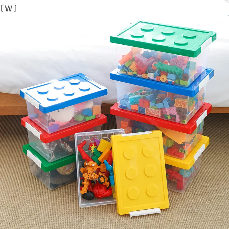 boîtes rangement transparentes couleurs variées motif construction poignées détachables jouets organisateurs contemporains pratiques