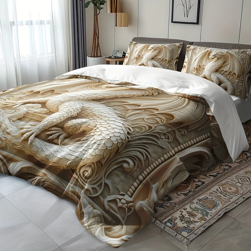 housse couette dragon relief deux taies oreiller motifs floraux literie decorative polyester beige blanc