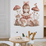 sticker mural illustration fille lisant rose beige marron cartoon adhésif chambre salon