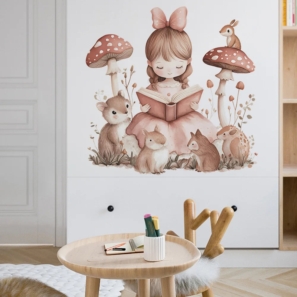 sticker mural illustration fille lisant rose beige marron cartoon adhésif chambre salon