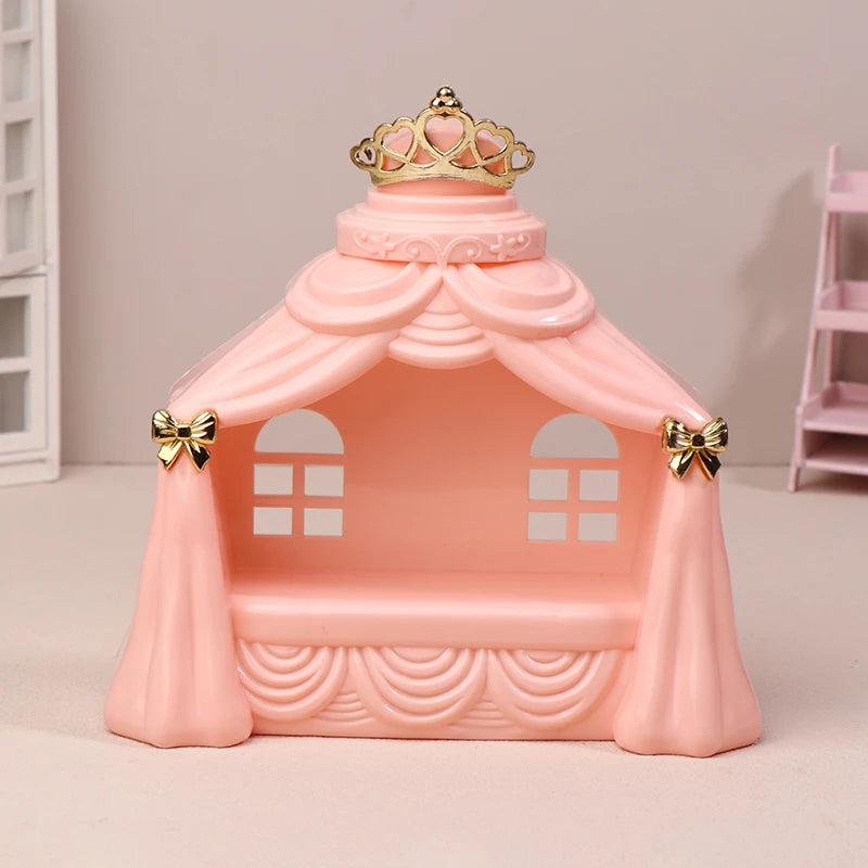 lit poupée princesse banc rose clair couronne rubans fenêtres blances résine