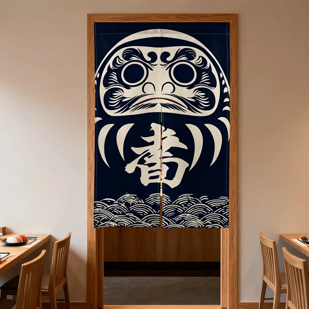 rideau japonais bleu marine motif traditionnel lettres vagues opaques décoration intérieure porte cuisine salle
