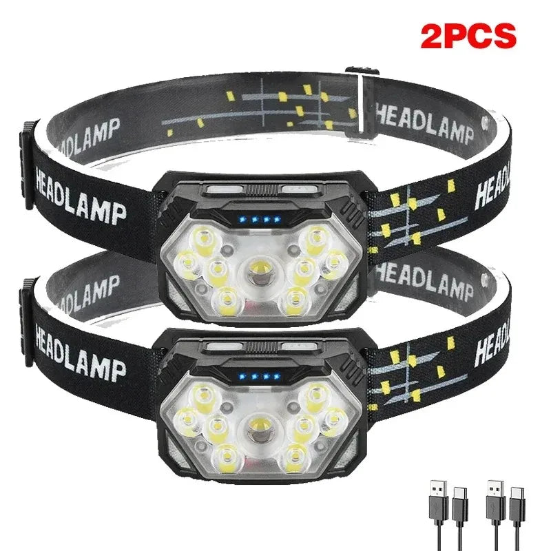 lampe frontale led noire jaune rayées 2000lm ultra brillante rechargeable usb sensor motion camping