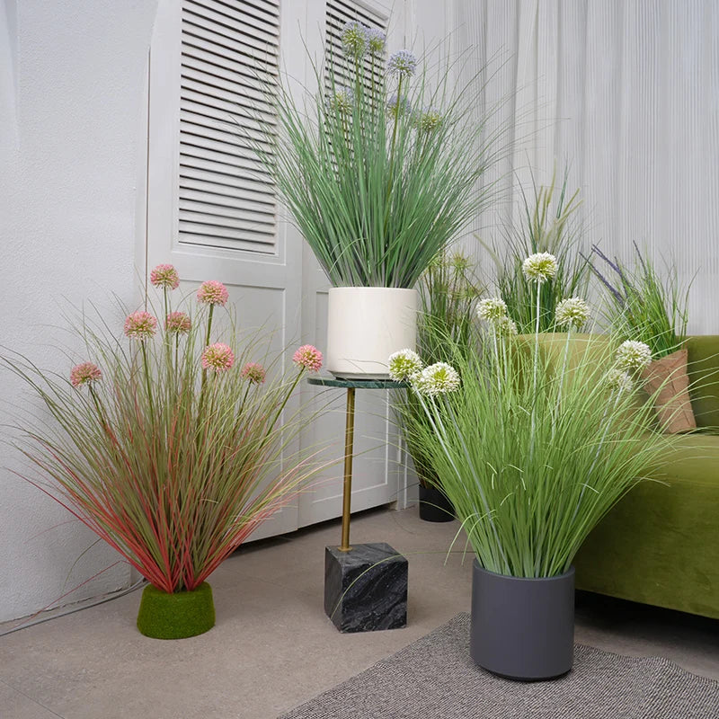 décoration extérieure plante artificielle verte rose blanche feuilles fines fleurs blanches moderne minimaliste pot