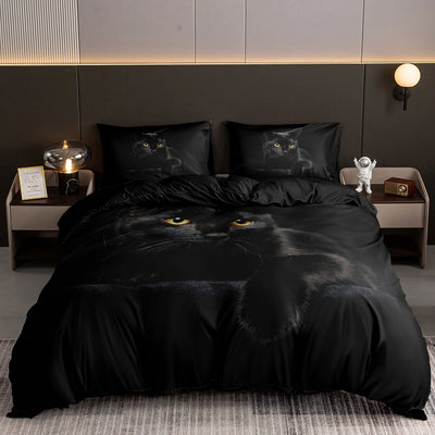 Housse de couette imprimé chat noir 1 place sur lit